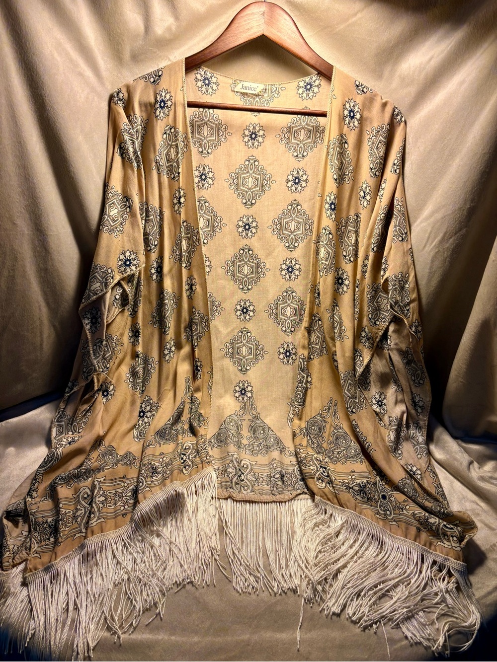 Vintage-Inspired Beige Fringe Kimono Cardigan